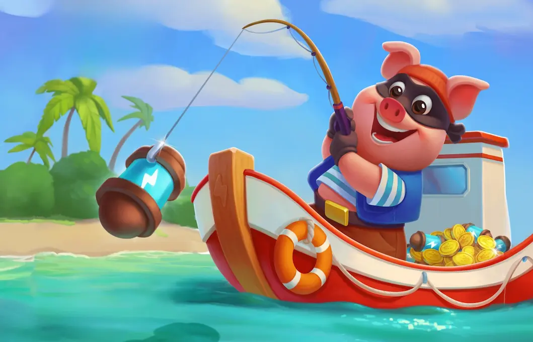 Coin Master free spins piggy collecting coin master free Spins and Coins from a boat at sea
