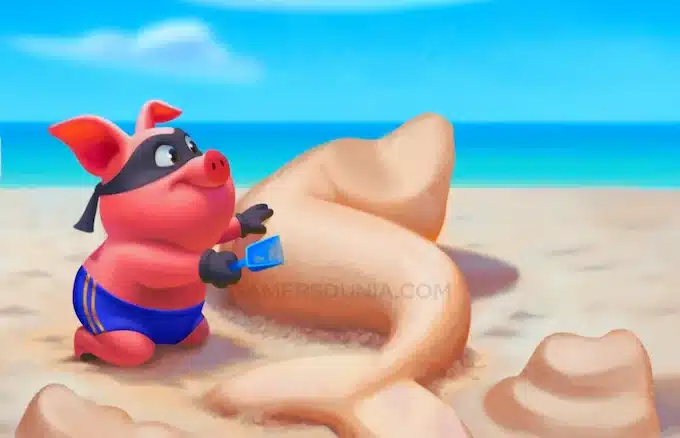 Coin Master free spins Piggy playing with sand at the beach