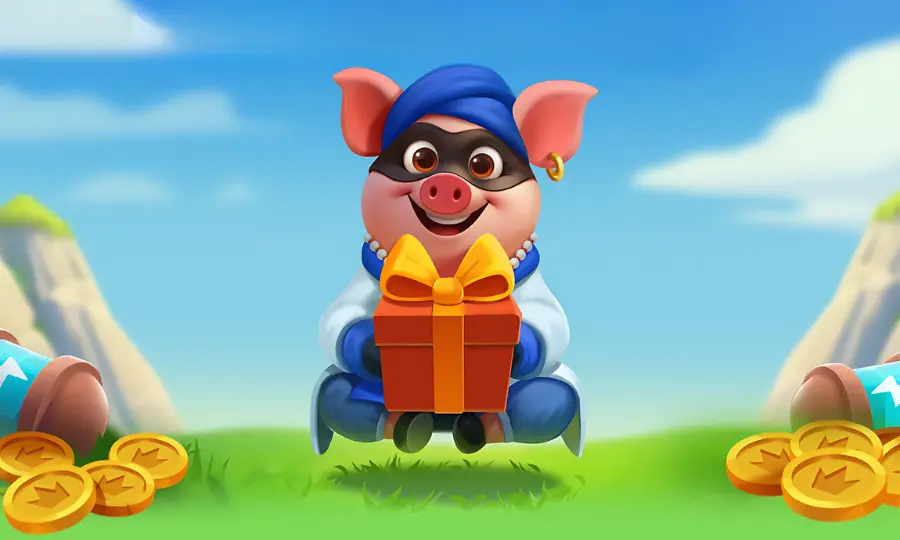 Coin Master Free Spins The cartoon pig holding Coin Master Free Spins in the gift box