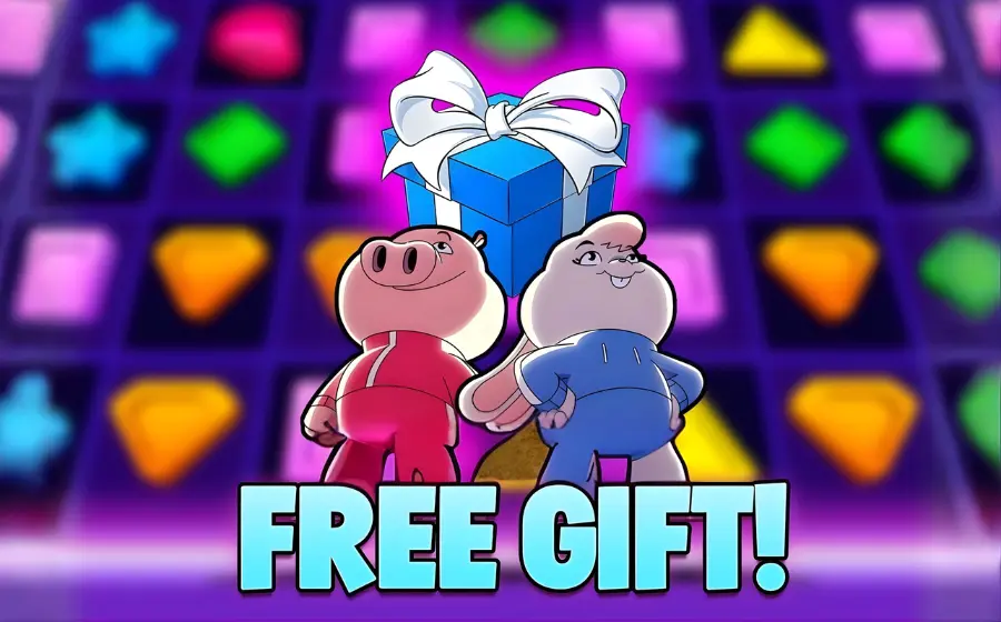 Match Masters Free Gifts two game characters are standing in front of Match Masters Free Gifts box